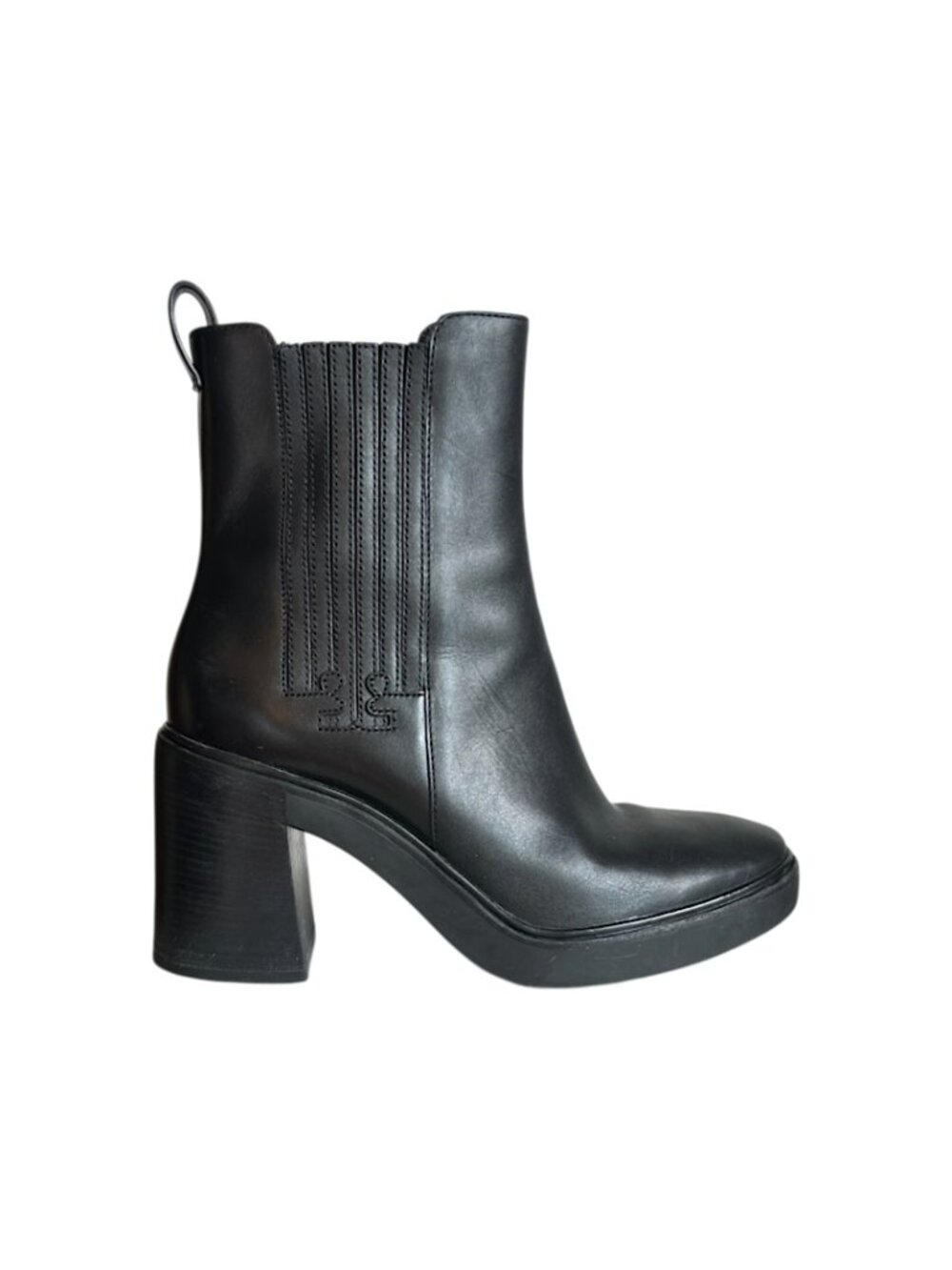 Tory Burch Chelsea Black Leather Monogram Boots Block Heel 9.5